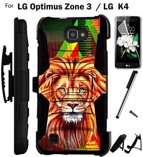 0782398675496 - FOR LG OPTIMUS ZONE 3 PHONE CASE (VERIZON) ARMOR HYBRID RUGGED SILICONE COVER KICK STAND LUXGUARD HOLSTER+LCD SCREEN PROTECTOR+STYLUS (LION/BLACK)