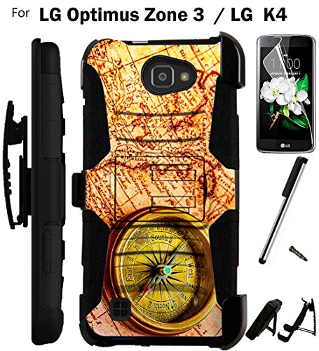 0782398675519 - FOR LG OPTIMUS ZONE 3 / LG K4 CASE VS425 ARMOR HYBRID RUGGED SILICONE PHONE COVER KICK STAND LUXGUARD HOLSTER+LCD SCREEN PROTECTOR+STYLUS (TREASURE MAP/BLACK)