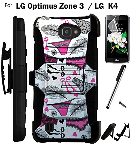 0782398675533 - FOR LG OPTIMUS ZONE 3 / LG K4 CASE VS425 ARMOR HYBRID RUGGED SILICONE PHONE COVER KICK STAND LUXGUARD HOLSTER+LCD SCREEN PROTECTOR+STYLUS (FEATHER PANTIES/BLACK)