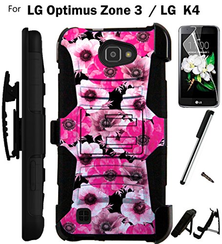 0782398675564 - FOR LG OPTIMUS ZONE 3 / LG K4 CASE VS425 ARMOR HYBRID RUGGED SILICONE PHONE COVER KICK STAND LUXGUARD HOLSTER+LCD SCREEN PROTECTOR+STYLUS (PINK ANEMONE/BLACK)