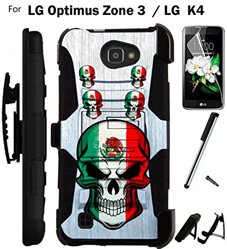 0782398675625 - FOR LG OPTIMUS ZONE 3 / LG K4 CASE VS425 ARMOR HYBRID RUGGED SILICONE PHONE COVER KICK STAND LUXGUARD HOLSTER+LCD SCREEN PROTECTOR+STYLUS (MEXICAN SKULL SQUAD/BLACK)