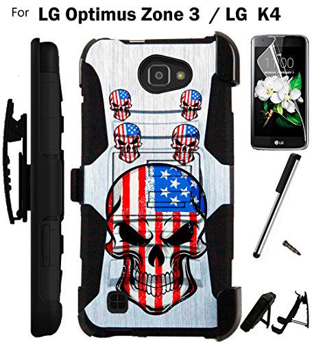 0782398675656 - FOR LG OPTIMUS ZONE 3 / LG K4 CASE VS425 ARMOR HYBRID RUGGED SILICONE PHONE COVER KICK STAND LUXGUARD HOLSTER+LCD SCREEN PROTECTOR+STYLUS (US SKULL SQUAD/BLACK)