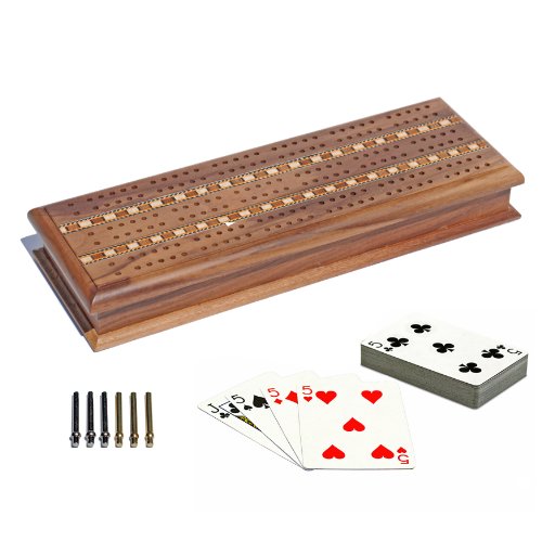 0783719730429 - WE GAMES CABINET CRIBBAGE SET - SOLID WALNUT WOOD WITH INLAY SPRINT 3 TRACK BOARD WITH METAL PEGS & 2 DECKS OF CARDS