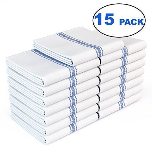 0784672594875 - ROYAL 15 PACK CLASSIC KITCHEN TOWELS, 100% NATURAL COTTON, 14 X 25, COMMERCIAL RESTAURANT GRADE, HERRINGBONE WEAVE DISH CLOTH, ABSORBENT AND LINT-FREE, MACHINE WASHABLE, WHITE WITH BLUE STRIPE