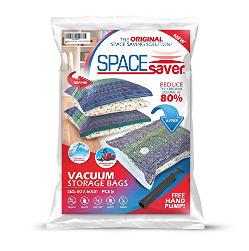 0784672847087 - SPACESAVER PREMIUM LARGE VACUUM STORAGE BAGS (WORKS WITH ANY VACUUM CLEANER + FREE HAND-PUMP FOR TRAVEL!) DOUBLE-ZIP SEAL AND TRIPLE SEAL TURBO-VALVE FOR 80% MORE COMPRESSION! (5 PACK)