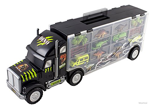 0784672971522 - WOLVOL 22 MEGA GIANT TRANSPORT DINOSAUR AND CAR CARRIER TRUCK TOY (INCLUDES 6 DINOSAURS, 3 CARS, 1 HELICOPTER, AND ACCESSORIES)