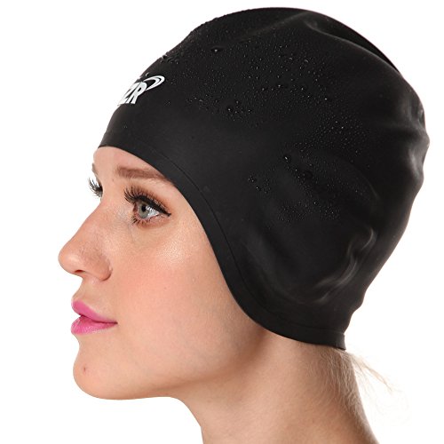 0785499119203 - ZIONOR 3D FASHIONABLE STYLE SILICONE UNISEX SWIM CAP FOR MEDIUM TO LONG HAIR WITH WRINKLE-FREE, LIGHTWEIGHT DURABLE EAR GUARD (BLACK)