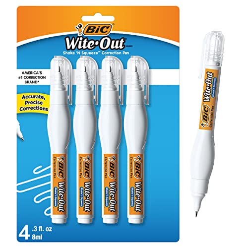 0785525721080 - BIC WITE-OUT BRAND SHAKE N SQUEEZE CORRECTION PEN, 8 ML CORRECTION FLUID, 4-COUNT PACK OF WHITE CORRECTION PENS, FAST, CLEAN AND EASY TO USE OFFICE OR SCHOOL SUPPLIES