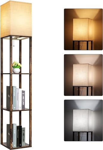 0785731194845 - KUSPORT FLOOR LAMP WITH SHELVES | MODERN SHELF LAMP FOR DISPLAY, STORAGE | FEATURES 3 COLOR TEMPERATURE | WOOD NARROW STANDING CORNER LAMP WITH 8W BULB | IDEAL FOR LIVING ROOM DECOR, BEDROOM, OFFICE