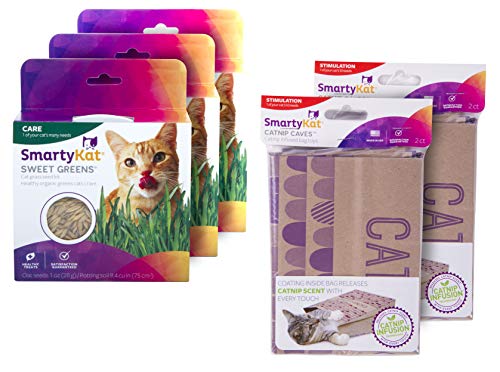 0786306091644 - SMARTYKAT, SWEET GREENS + CATNIP CAVES BUNDLE, INCLUDES 3 CAT GRASS SEED KITS AND 2 CATNIP INFUSED BAG CAT TOYS, VALUE PACK (5 CT.)