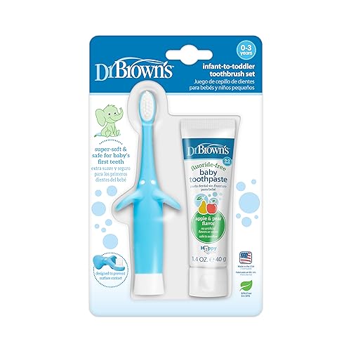 0786771951597 - DR. BROWNS INFANT-TO-TODDLER TRAINING TOOTHBRUSH SET, BLUE ELEPHANT WITH FLUORIDE-FREE APPLE PEAR BABY TOOTHPASTE, 0-3 YEARS