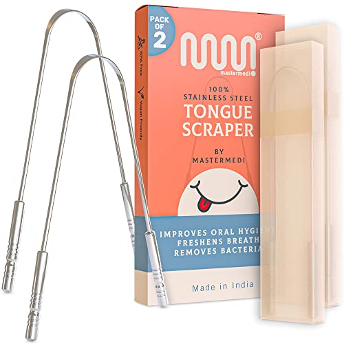 0787303271039 - MASTERMEDI TONGUE SCRAPER WITH TRAVEL CASE (2 PACK), BAD BREATH TREATMENT TONGUE SCRAPER FOR ADULTS, MEDICAL GRADE 100% STAINLESS STEEL FOR ORAL CARE, EASY TO USE TONGUE CLEANER FOR HYGIENE
