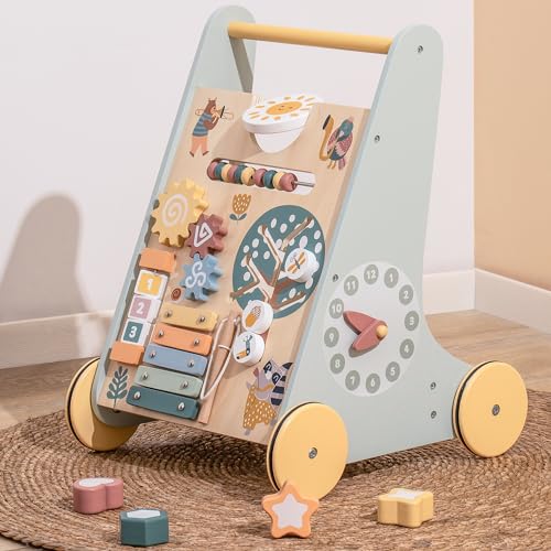 0787415611532 - ROBOTIME WOODEN BABY WALKER, WOODEN PUSH WALKER WITH WHEELS, PUSH TOYS FOR BABIES LEARNING TO WALK, BABY WALKERS ACTIVITY CENTER FOR BOYS AND GIRLS