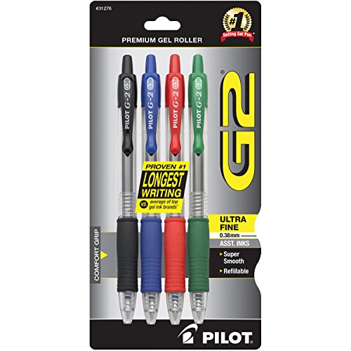 0787543740296 - PILOT G2 RETRACTABLE PREMIUM GEL INK ROLLER BALL PENS, ULTRA FINE POINT, 4-PACK, ASSORTED COLORS, BLACK/BLUE/RED/GREEN INKS