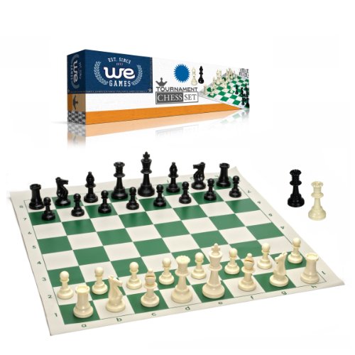 0787551355901 - BEST VALUE TOURNAMENT CHESS SET - 90% PLASTIC FILLED CHESS PIECES AND GREEN ROLL-UP VINYL CHESS BOARD