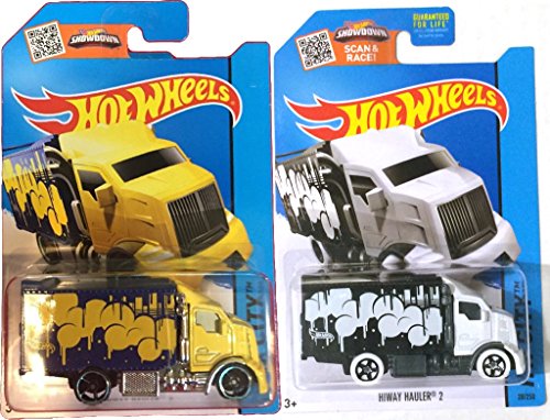 0787637869827 - HIWAY HAULER 2 ART CAR HOT WHEELS CITY SET 2015 2 COLOR VARIANT SET #28 - YELLOW & WHITE IN PROTECTIVE CASES