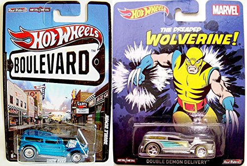 0787637872872 - DOUBLE DEMON WOLVERINE HOT WHEELS & BOULEVARD 2 CAR SET -POP CULTURE MARVEL COMICS 2015 REAL RIDER TIRES IN PROTECTIVE CASES