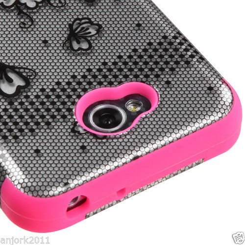 0078778051104 - LG OPTIMUS L70 EXCEED 2 REALM HYBRID T ARMOR CASE SKIN COVER LACE FLOWERS PINK