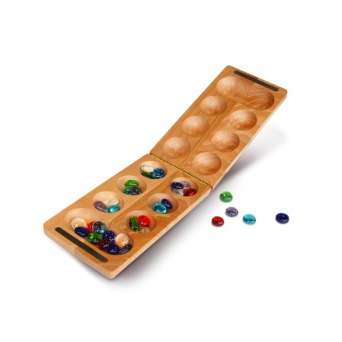 0787799819791 - WE GAMES FOLDING MANCALA - SOLID WOOD BOARD & GLASS STONES 18 INCHES