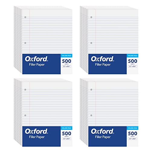 0078787623316 - OXFORD FILLER PAPER, 8-1/2 X 11, COLLEGE RULE, 3-HOLE PUNCHED, 2,000 SHEETS OF LOOSE-LEAF PAPER FOR 3 RING BINDERS, 4 PACKS OF 500, WHITE