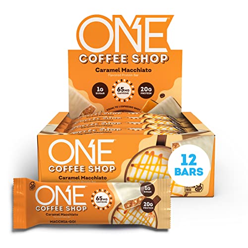 0788434102780 - ONE COFFEE SHOP PROTEIN BARS + CAFFEINE, CARAMEL MACCHIATO, GLUTEN FREE PROTEIN BARS WITH 20G PROTEIN AND ONLY1G SUGAR, GUILT-FREE SNACKING FOR HIGH PROTEIN DIETS, 2.12 OZ (12 COUNT)