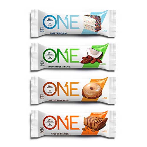 0788434105675 - ONE PROTEIN BARS, BEST SELLERS VARIETY PACK, GLUTEN FREE 20G PROTEIN AND ONLY 1G SUGAR, BIRTHDAY CAKE, ALMOND BLISS, MAPLE GLAZED DOUGHNUT & PEANUT BUTTER PIE, 2.12 OZ (12 PACK)