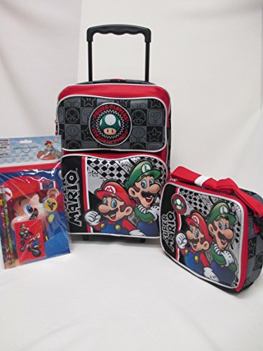 0788454206086 - SUPER MARIO NINTENDO LARGE 16 ROLLING BACKPACK ROLLER WHEELED BOOK BAG, LUNCH BOX & 6-PIECE STATIONERY SET
