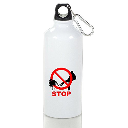 7890572838827 - BEAUFIY STOP ROBOT ABUSE SPORTS WATER BOTTLE PORTABLE FLASK WITH CARABINER HOOK WHITE