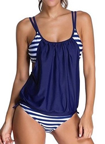 7890807176298 - DSSOLLLED WOMENS STRIPES LINED UP DOUBLE UP TANKINI TOP SWIMWEAR NAVY(US 6-8)M