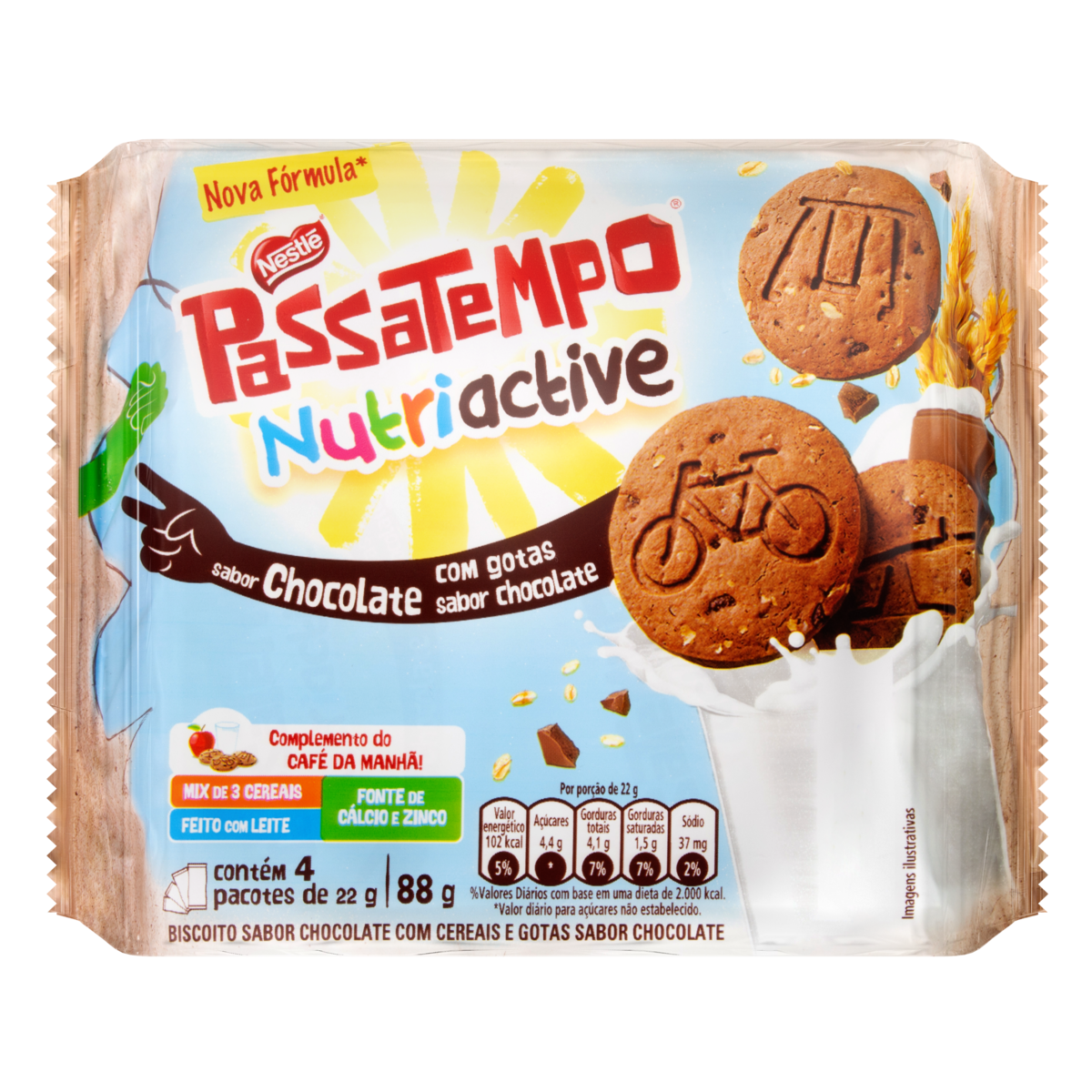 7891000246962 - BISCOITO CHOCOLATE COM GOTAS DE CHOCOLATE PASSATEMPO NUTRIACTIVE PACOTE 88G