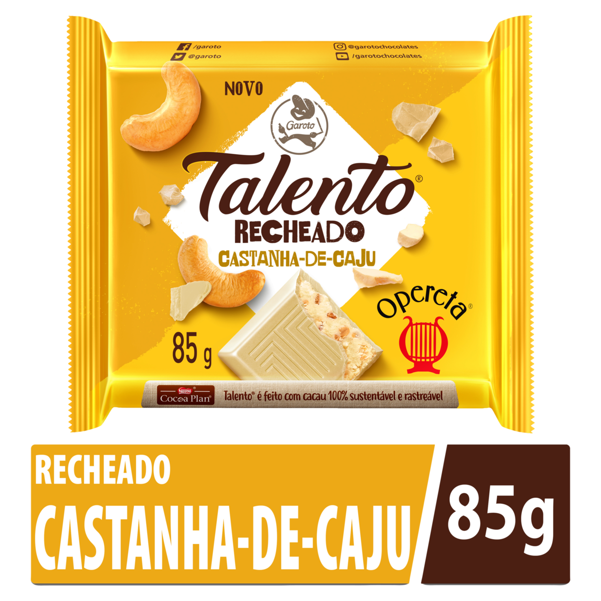 7891008122213 - CHOCOLATE BRANCO OPERETA RECHEIO CASTANHA-DE-CAJU GAROTO TALENTO PACOTE 85G