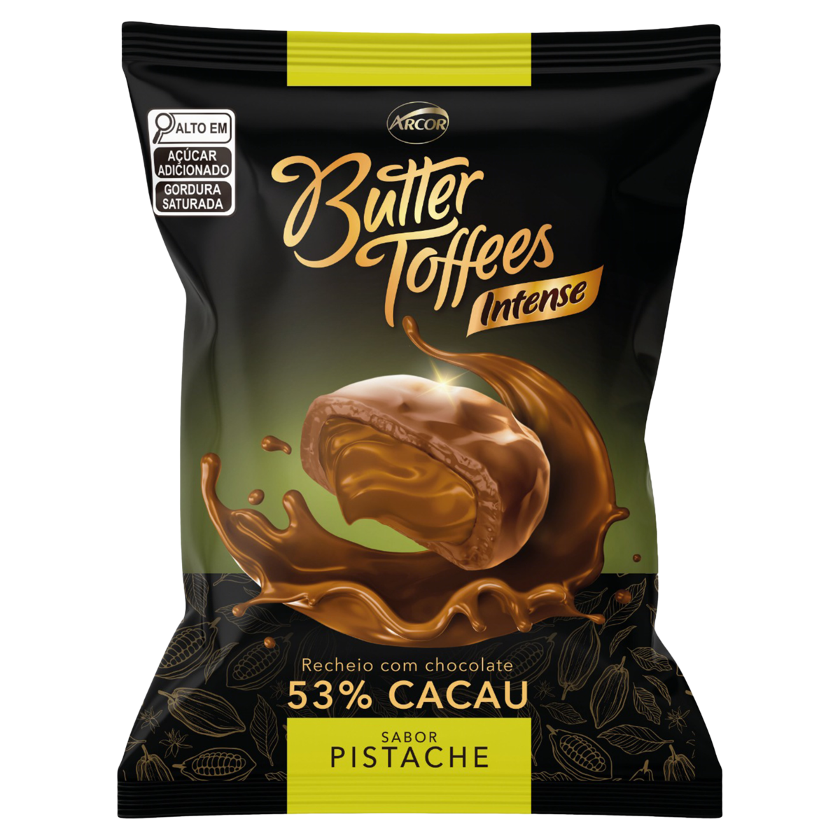 7891118026340 - BALA PISTACHE RECHEIO CHOCOLATE 53% CACAU BUTTER TOFFEES INTENSE PACOTE 90G