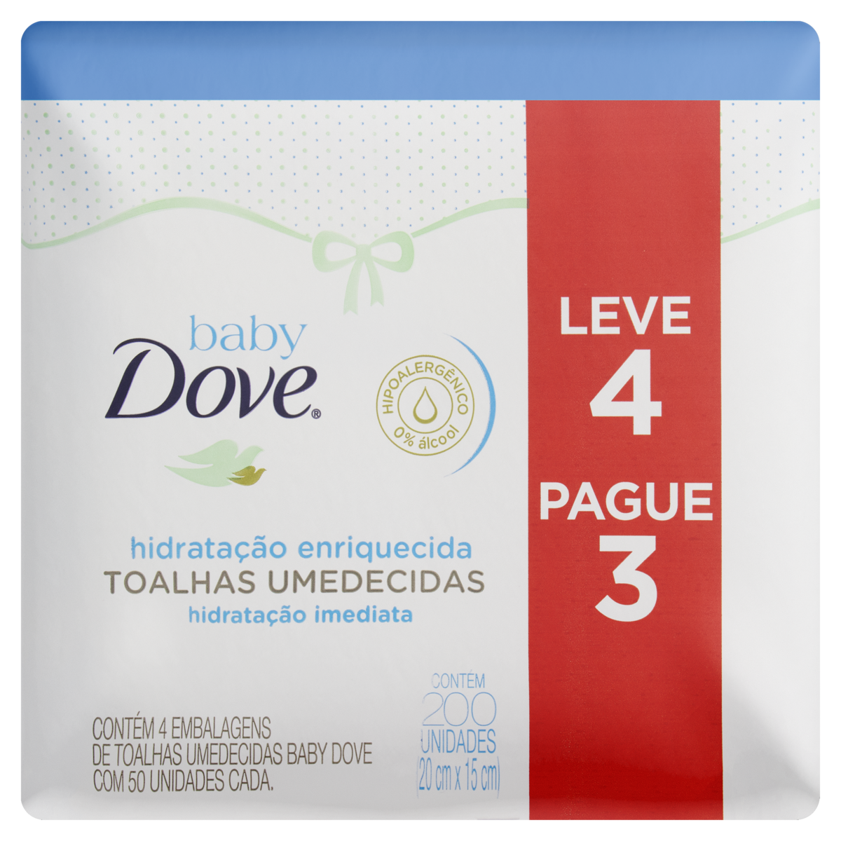 7891150049994 - PACK TOALHA UMEDECIDA INFANTIL HIDRATAÇÃO ENRIQUECIDA DOVE BABY PACOTE LEVE 4 PAGUE 3 UNIDADES