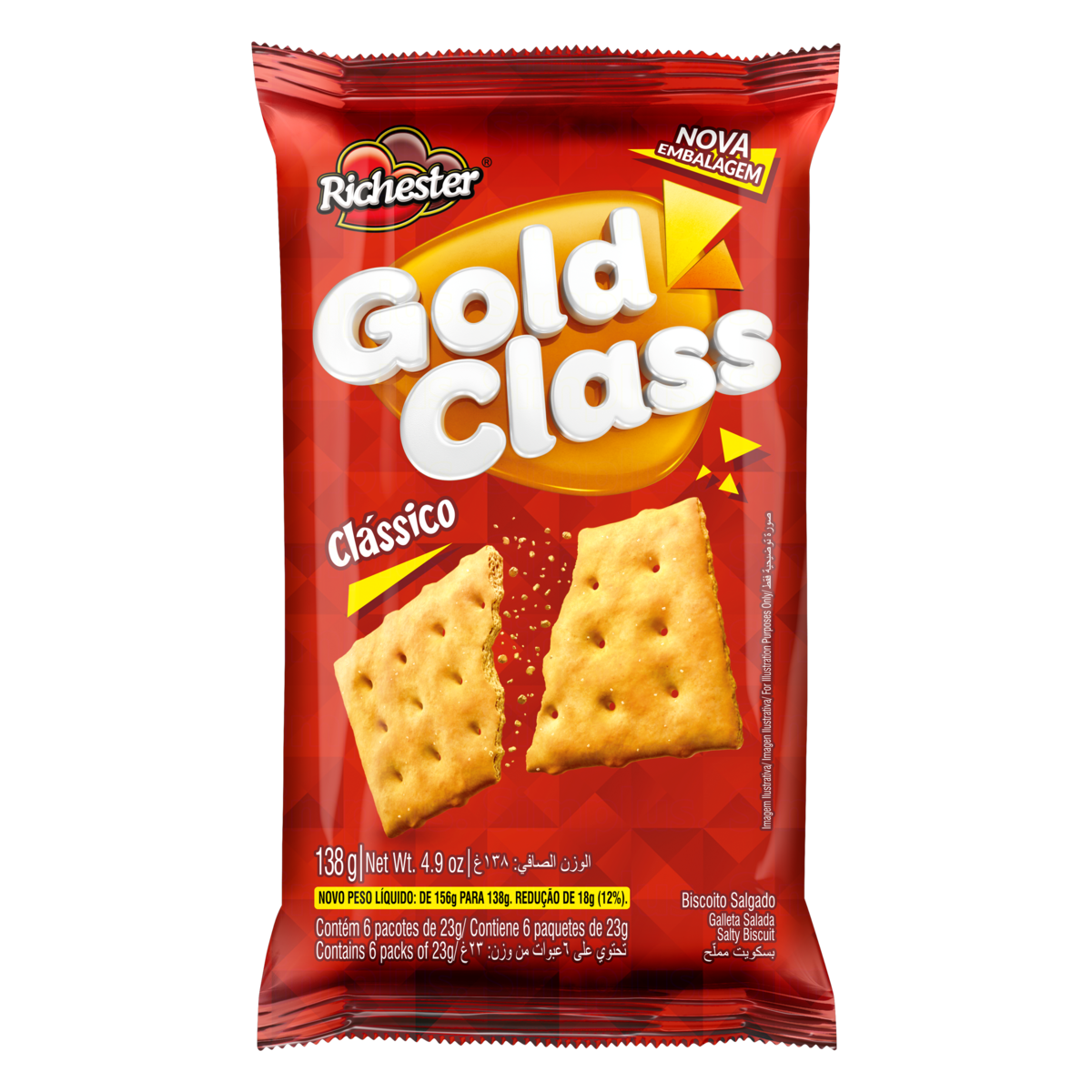 7891152800555 - PACK BISCOITO CLÁSSICO RICHESTER GOLD CLASS PACOTE 138G 6 UNIDADES