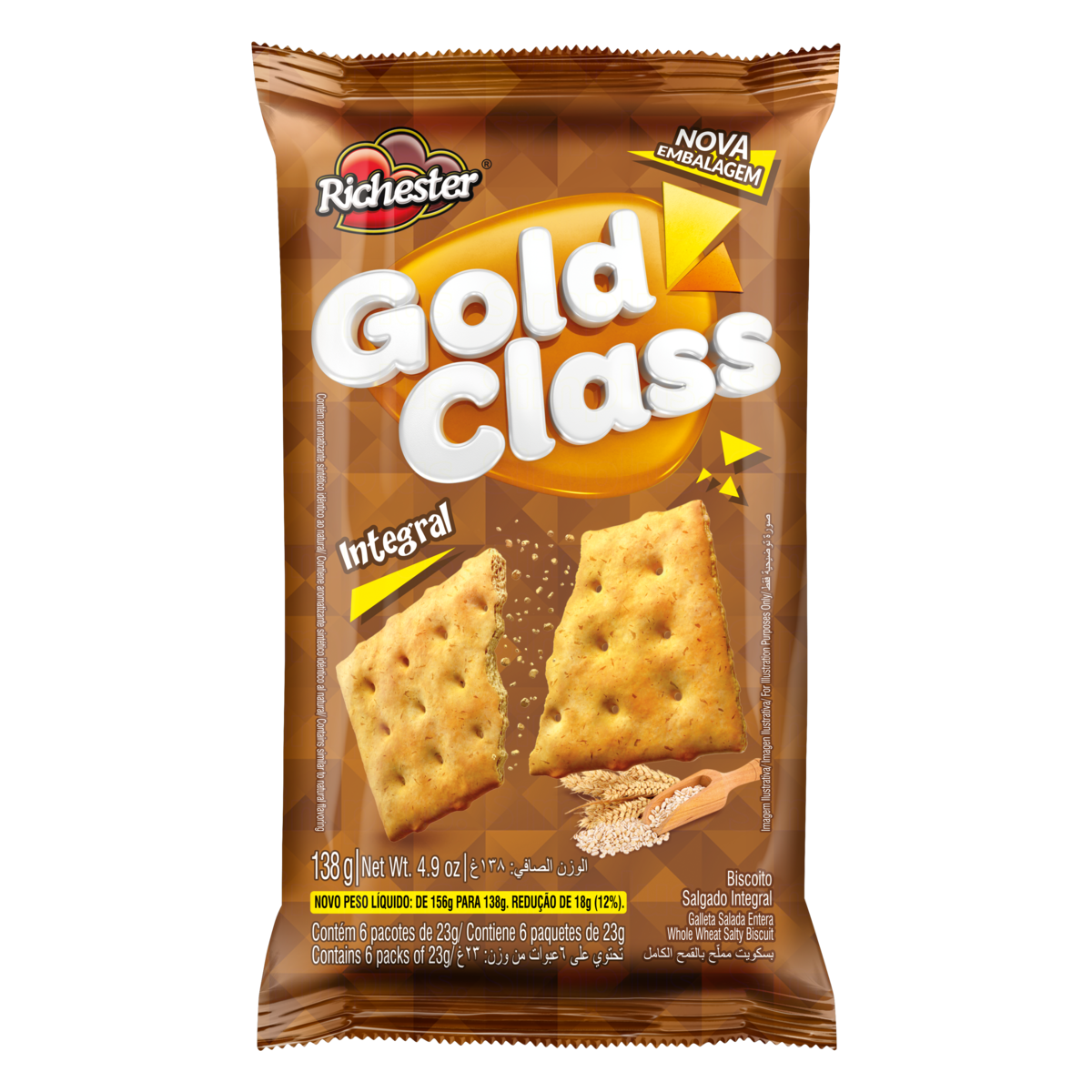 7891152800579 - PACK BISCOITO INTEGRAL RICHESTER GOLD CLASS PACOTE 138G 6 UNIDADES