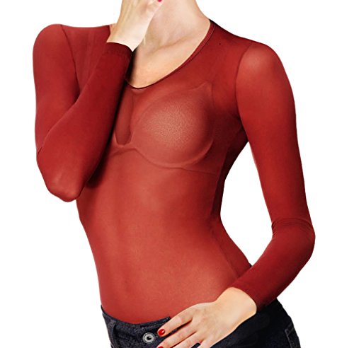 7891186787815 - LUPO WOMEN'S SECOND SKIN LONG SLEEVE SHEER TOP, ONE-SIZE TILE RED