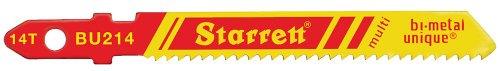 7891265687241 - STARRETT BU214 BI-METAL UNIQUE UNIFIED SHANK MULTI PURPOSE WOOD AND METAL CUTTING JIG SAW BLADE, REGULAR TOOTH, 0.040 THICK, 14 TPI, 3 LENGTH X 5/16 WIDTH (PACK OF 5)