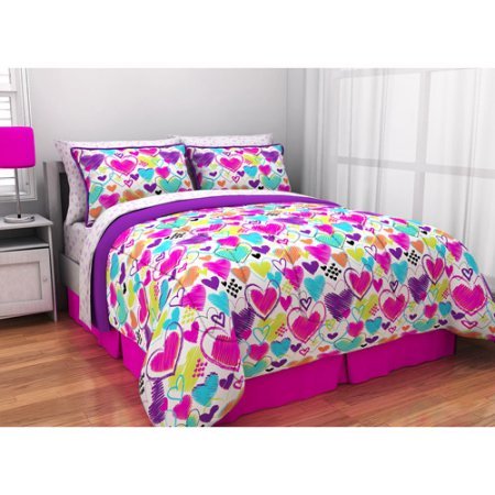 0789185776411 - LATITUDE TEEN REVERSIBLE BRIGHT PINK, PURPLE, WHITE HEARTS BEDDING QUEEN COMFORTER FOR GIRLS (5 PIECE IN A BAG)