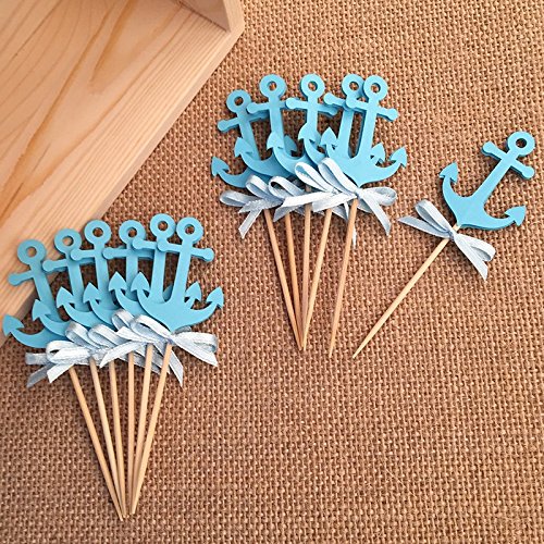 7892584571686 - HANDMADE BLUE ANCHOR CUPCAKE TOPPERS/BABY SHOWER PARTY FOOD PICKS/PARTY PICKS/CAKE TOPPER - SET OF 24 PCS