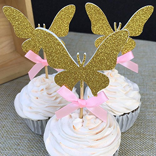 7892584574380 - 12 PCS PINK BOW&GOLDGLITTER BUTTERFLY CUPCAKE TOPPERS WEDDING PARTY PICKS KIDS FAIRY PARTY DECORATION BRIDAL SHOWER DECOR