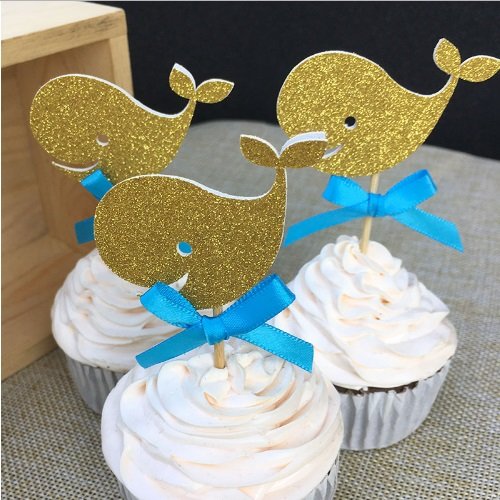 7892584574397 - 12 PCS CUSTOM BOW COLOR&GOLDGLITTER NAUTICAL WHALE CUPCAKE TOPPERS PICKS BABY SHOWER/KIDS OCEAN PARTY BIRTHDAY DECORATION