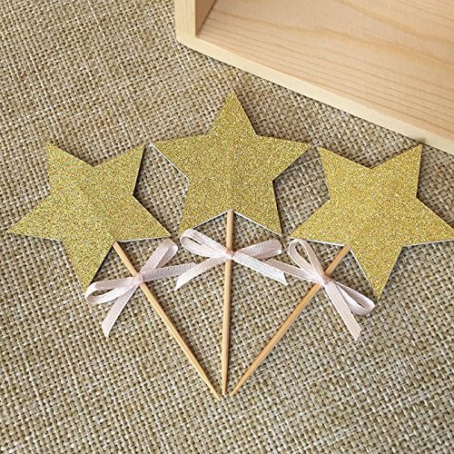 7892584574403 - 12 PCS PINK BOW&GOLD GLITER STARS CUPCAKE TOPPERS BABY SHOWER/GIRL 1ST BIRTHDAY PARTY DECORATION FAVORS CAKE DECORATIONS PICKS