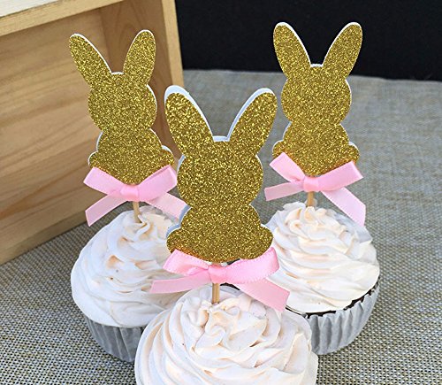 7892584574410 - 12 PCS CUSTOM BOW COLOR&GOLD/SILVER/BLACK GLITTER RABBIT CUPCAKE TOPPERS PICKS BABY SHOW BOY GIRL BIRTHDAY PARTY FAVORS DECORATION