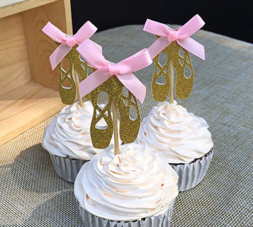 7892584574427 - 12 PCS CUSTOM BOW COLOR&GOLD/SILVER GLITTER BALLET SHOES CUPCAKE TOPPERS PICKS GIRLS BABY SHOWER DECORATIONS KIDS BIRTHDAY PARTY FAVOS