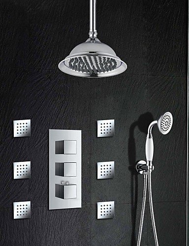 7893266420001 - XXW SHOWERS SETS 3 SQUARE HANDLE THERMOSTATIC MIXER VALVE CHROME BRASS 8 INCH SHOWER FAUCET RAINFALL SHOWER WITH 6 PCS BODY JETS