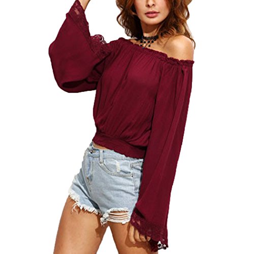 7894583915348 - ROMANSTII SEXY WOMENS SLASH NECK OFF SHOULDER LONG SLEEVE SOLID CROP TOPS SMALL,RED