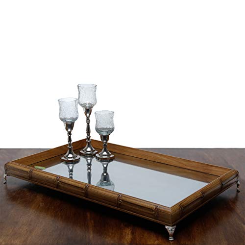 7895730115925 - WOODART BAMBOO STYLE SERVING TRAY- DECORATIVE TRAY FOR VANITY, TEA, COFFEE (18X10, SILVER FOOT)