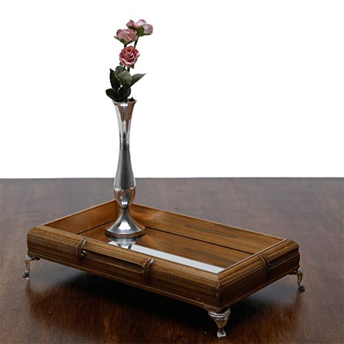 7895730115949 - WOODART BEIGE WOOD BAMBOO-STYLE TRAY WITH MIRROR AND NICKEL FOOT