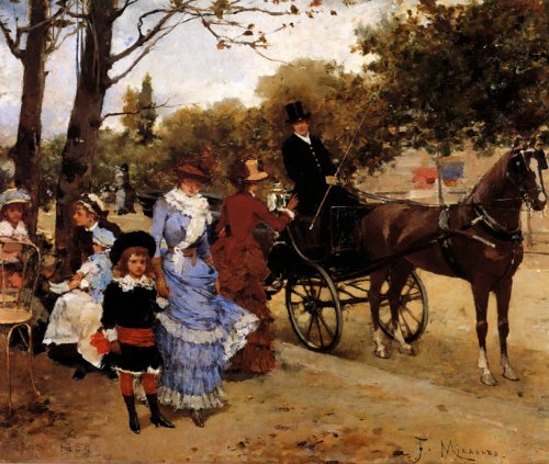 7896006200109 - AN OUTING IN THE PARK MOTHER CHILDREN CARRIAGE PAINTING BY JOSE MIRALLES DARMANIN LARGE REPRO ON CANVAS