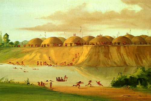 7896006229995 - HIDATSA VILLAGE EARTH COVERED LODGES ON THE KNIFE RIVER 1832 MINITARI INDIAN CANOE SWIMMING BY GEORGE CATLIN PRINT REPRO